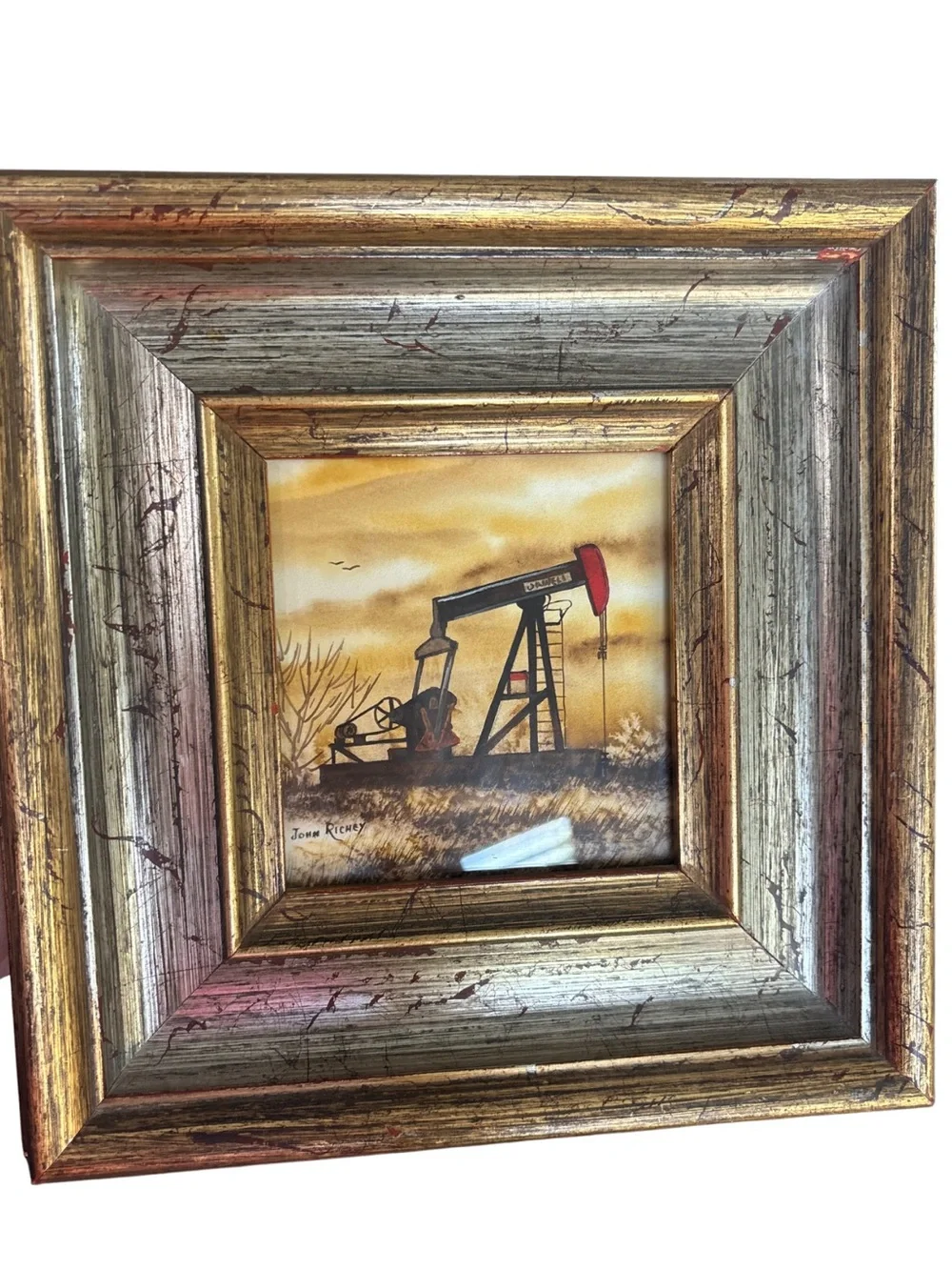 Vintage John Richey Original Miniature Oilfield Pump Jack Painting Texas Art